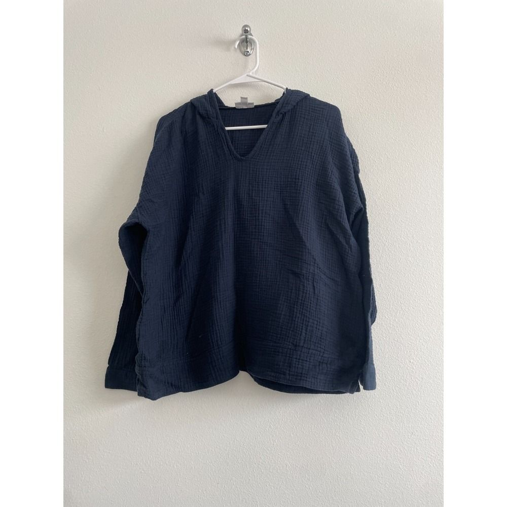 J Jill Top Women L Navy Blue Hooded Gauzy Cotton Loose Breezy Coastal Beachy